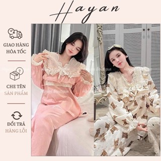HT7035a Bộ pijama thô đũi tiểu thư phối ren xếp ly,set đồ ngủ bánh bèo dáng dài tôn dáng HT7035a