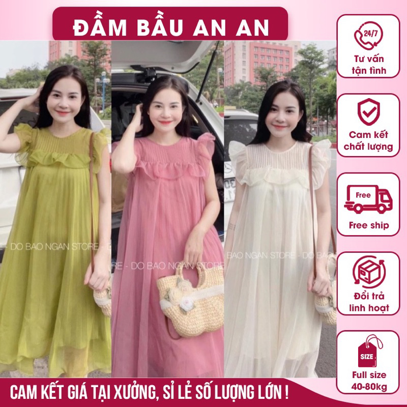 Váy bầu cộc tay cổ bèo ngực voan tơ 2 lớp 3 màu hồng , xanh , kem
