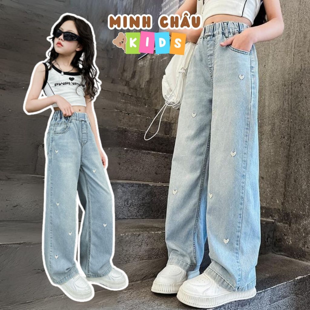 Quần Jean Ống Suông Bé Gái 14-45Kg Thêu Tim Nhỏ Quần Bò Ống Rộng Mềm Mại Cho Bé Đi Học Đi Chơi Minh Châu Kids QD1