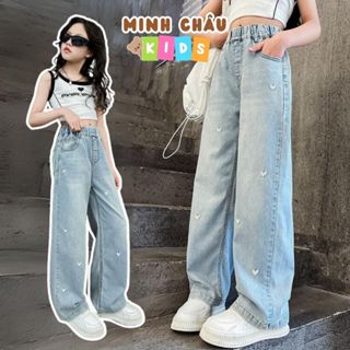 Quần Jean Ống Suông Bé Gái 14-45Kg Thêu Tim Nhỏ Quần Bò Ống Rộng Mềm Mại Cho Bé Đi Học Đi Chơi Minh Châu Kids QD1