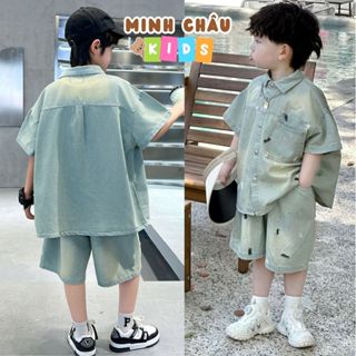 Set Jean Bé Trai Hè 2025 Họa Tiết Vẩy Sơn Cá Tính 14-45Kg Bộ Quần Đùi Áo Sơ Mi Cộc Tay Bé Trai Minh Châu Kids SB1