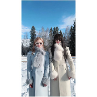    SẴN ĐỎ L  Áo khoác mùa đông dáng dài thắt eo kiểu dáng váy viền lông cổ phong cách Hàn Quốc 