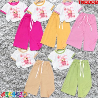 Bộ đồ tay ngắn quần ống rộng thun gân hình in labubu cho bé 6kg đến 30kg.TNQD08.