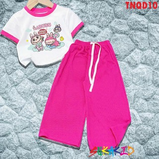Bộ đồ tay ngắn quần ống rộng thun gân hình in labubu cho bé 6kg đến 30kg.TNQD10.