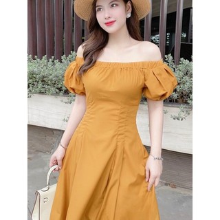 Đầm nữ dáng dài, đầm nữ đi biển xinh xắn với thiết kế trễ vai phối tay phồng xinh xắn, chất vải ford cao cấp