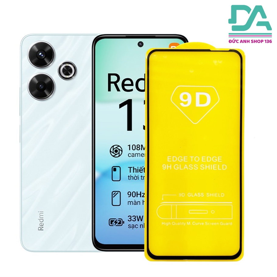 Kính cường lưc 9D full màn Xiaomi Redmi 13 tặng giấy lau kính