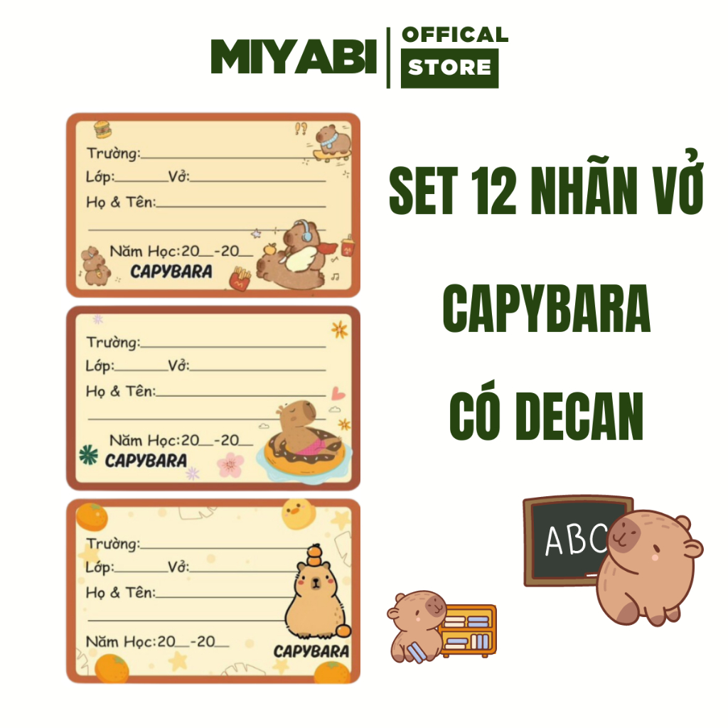 Set 12 Nhãn Vở Hot trend Capybara Cute Dán Môn Học Sinh , Đồ Dùng Học Tập - MIYABI STORE