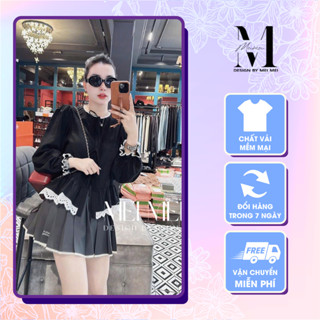 Set đồ nữ áo sơ mi đen phối ren tay bồng nhẹ có dây buộc nơ trước ngực mix chân váy xếp ly xám  Meistore ST15388