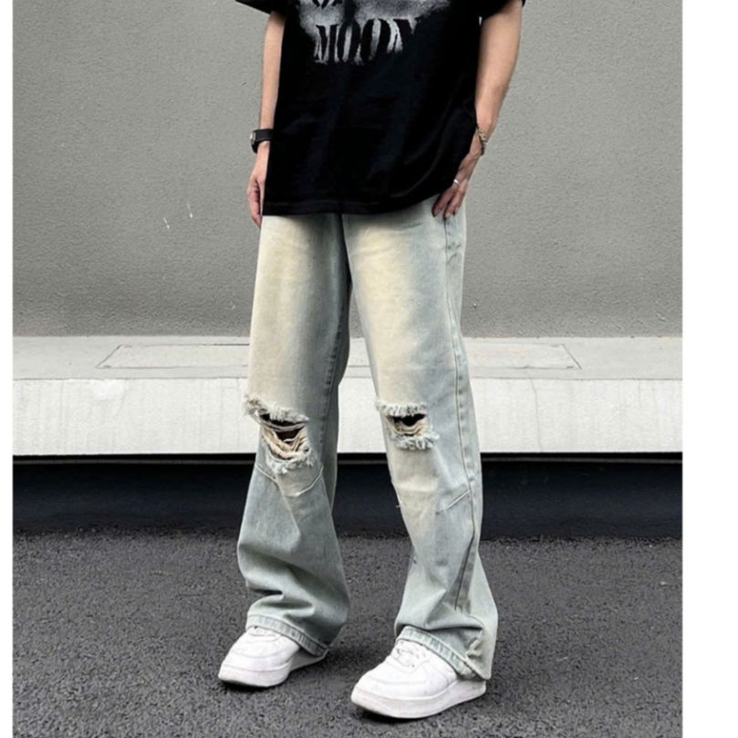 Quần Bò Nam Ống Rộng , Quần Jeans Nam Ống Rộng Rách Gối Phong Cách Trap Boys Phố JN06
