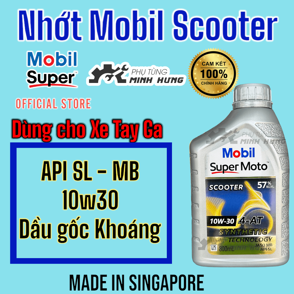 Dầu Nhớt Mobil [ Tay Ga ] - ( 10w30 ) Scooter 800ml Api SL nhập khẩu singapore Nắp Màu Bạc >>>