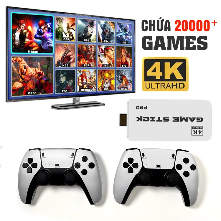 Máy Chơi Game Stick 4k 64GB HDMI 20.000 Trò Máy Chơi Game Cầm Tay Không Dây Tay Cầm Đôi Trò Chơi TV PS1/GBA/GBC-BH