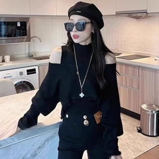 [7111-sẵn hàng, hàng QC mịn đẹp] Set áo len ba lỗ kèm áo trễ vai dài tay rách tua lua phong cách Uzzlang Hàn Quốc