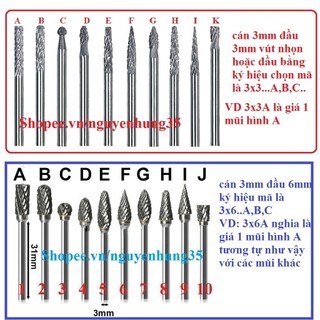 Mũi mài khắc hợp kim trục 3mm Tungsten vonfram mài nhôm đồng sắt điêu khắc gỗ lũa hoặc cắt cam điện thoại