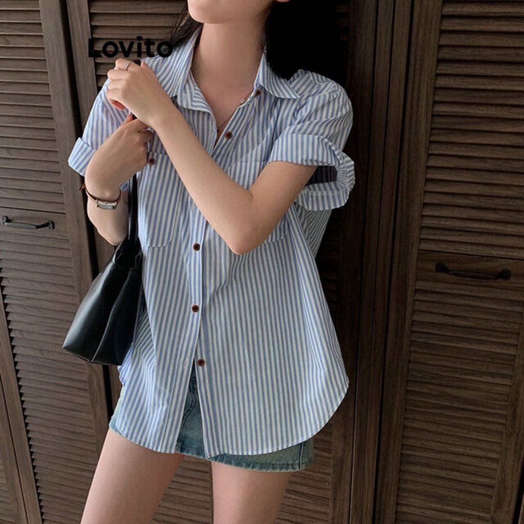 Lovito Áo sơ mi nữ kiểu kẻ sọc cài cúc phía trước thường ngày cho nữ LNE24126 (Nhiều màu) | BigBuy360 - bigbuy360.vn