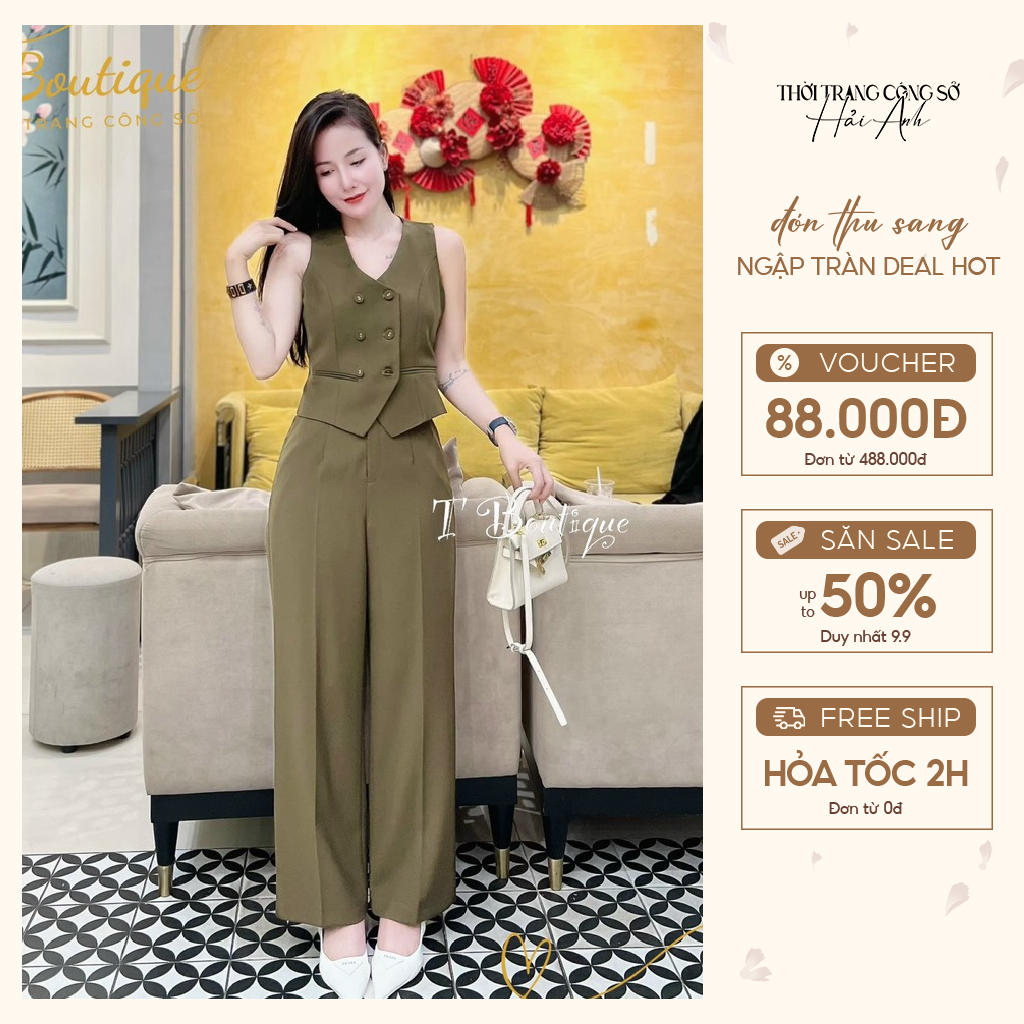 Set đồ nữ áo GILE 2 lớp quần ống suông chất chéo Mỹ mềm mại cao cấp co dãn nhẹ không nhăn- HA74