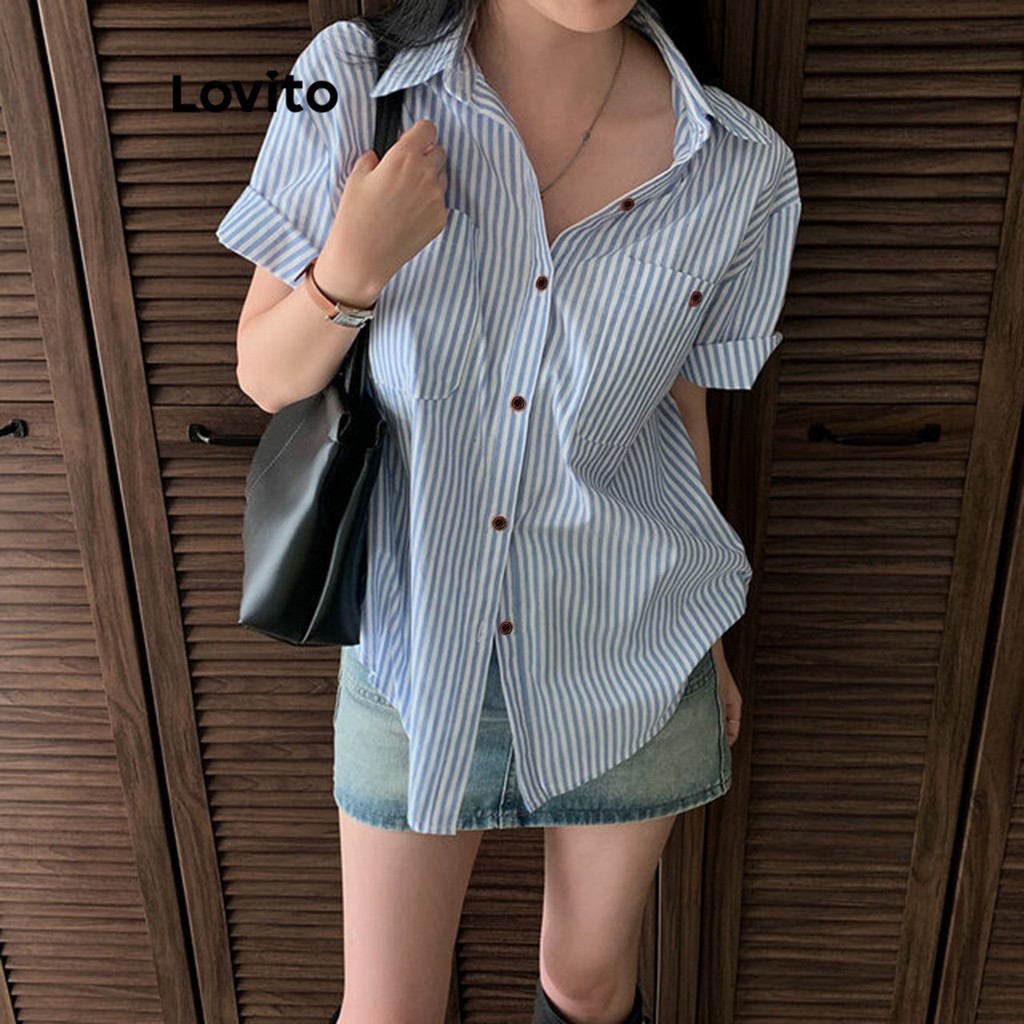 Áo sơ nữ kiểu mi kẻ sọc cài cúc phía trước - Áo sơ mi Lovito thường ngày cho nữ LNE24126 (Nhiều màu)