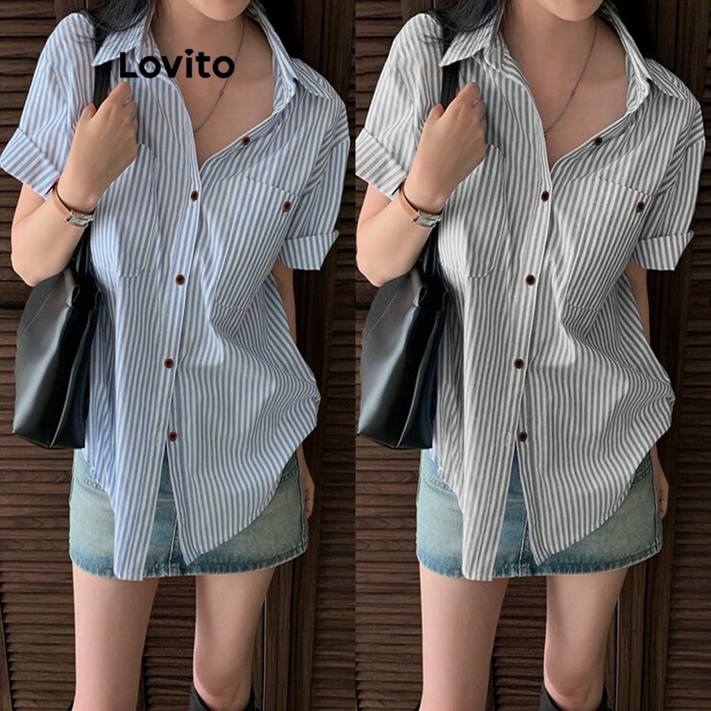 Áo sơ mi nữ kiểu kẻ sọc cài cúc phía trước - Áo sơ mi Lovito thường ngày cho nữ LNE24126 (Nhiều màu) | BigBuy360 - bigbuy360.vn