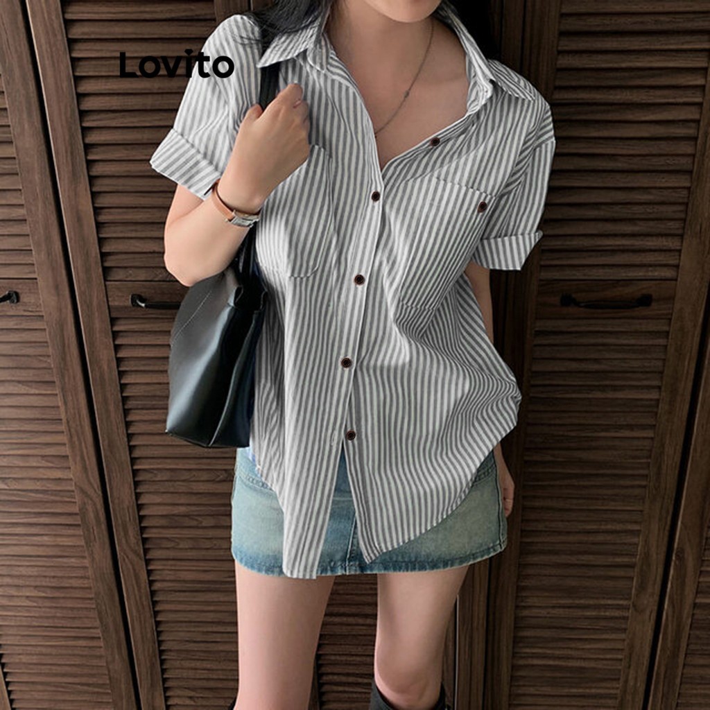 Áo sơ mi nữ kiểu kẻ sọc cài cúc phía trước - Áo sơ mi Lovito thường ngày cho nữ LNE24126 (Nhiều màu) | BigBuy360 - bigbuy360.vn