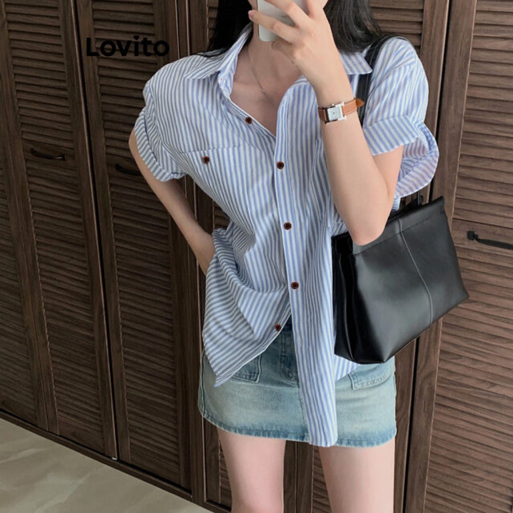 Áo sơ mi nữ kiểu kẻ sọc cài cúc phía trước - Áo sơ mi Lovito thường ngày cho nữ LNE24126 (Nhiều màu) | BigBuy360 - bigbuy360.vn