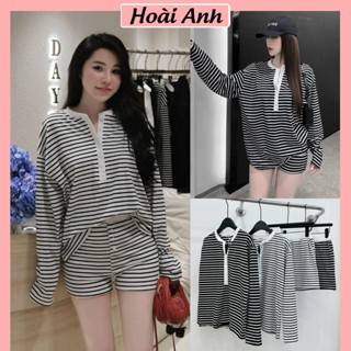 Set Bộ Đồ Nữ Tăm Len Kẻ Ngang Đen Trắng Basic Áo Dài Tay Cúc Ngực Phối Viền Cổ Trắng Mix Quần Sooc Đùi Ôm Freesize