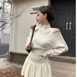 [7111-sẵn đen, rêu] Set áo len ba lỗ cổ 3p kèm áo trễ vai dài tay rách tua lua phong cách Uzzlang Hàn Quốc