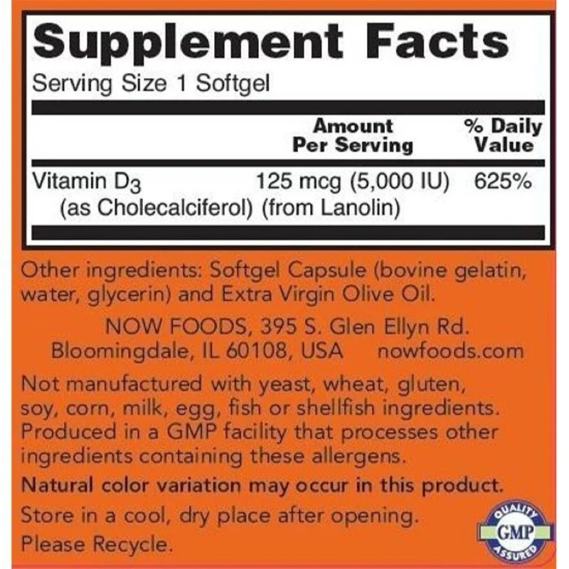 VITAMIN D3 Now Vitamin D3 5000 IU - 240 viên - Tăng Đề Kháng