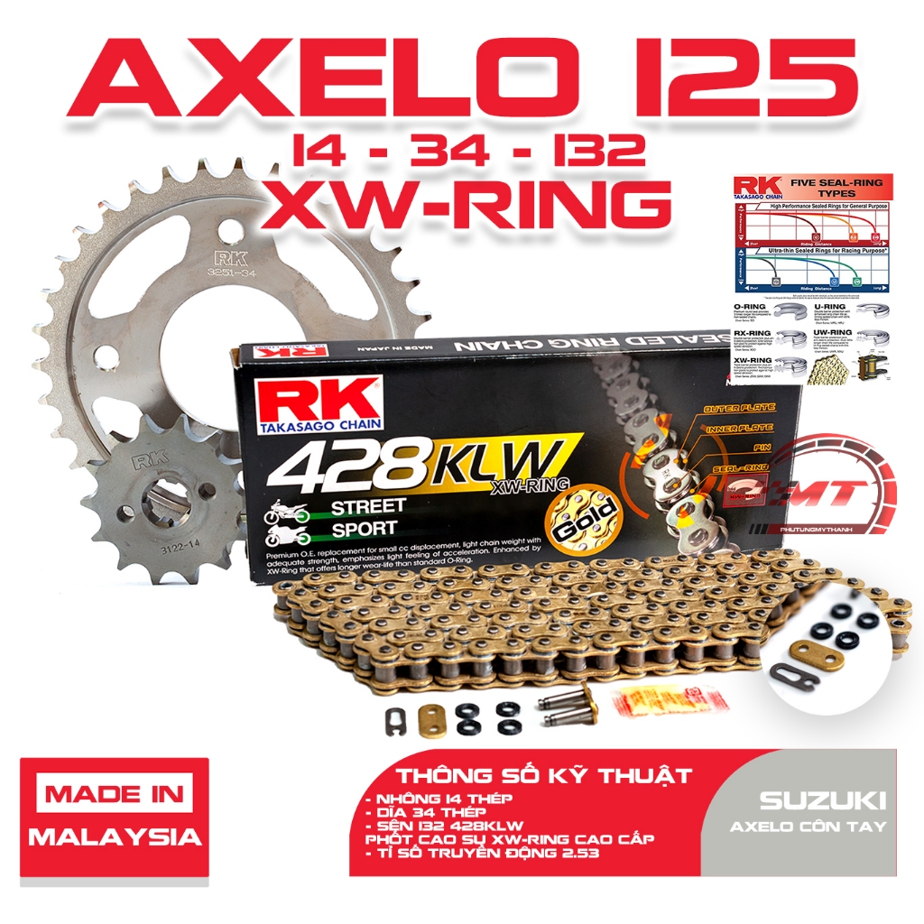Nhông sên dĩa xe Suzuki Axelo côn tay sên RK vàng 428KLW ( XW-Ring ) phốt cao su