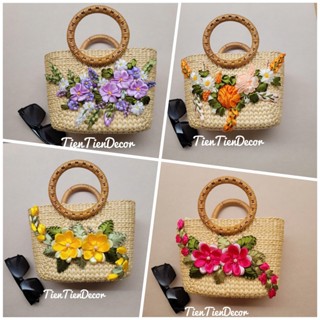  Kho Sỉ túi cói túi lục bình thêu hoa ruy băng size 30 cm có lót vải và khóa kéo 