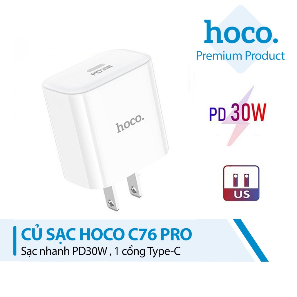 Củ sạc nhanh PD30W Hoco C76 Pro chân dẹt 1 cổng Type-C thiết kế nhỏ gọn