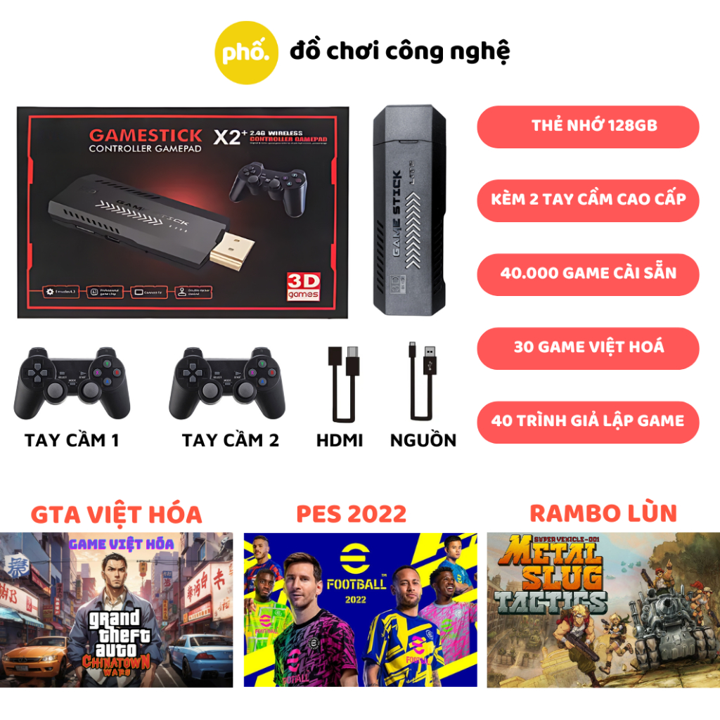 Máy Chơi Game Cầm Tay Stick Đỏ HDMI Không Dây - Game Stick Red - 20.000 Trò Chơi