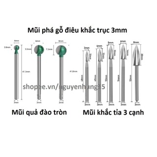 Mũi điêu khắc gỗ làm lũa cao cấp trục 3mm - mũi khắc gỗ quả đào tròn - mũi 3 cạnh khắc gỗ - dao khắc gỗ