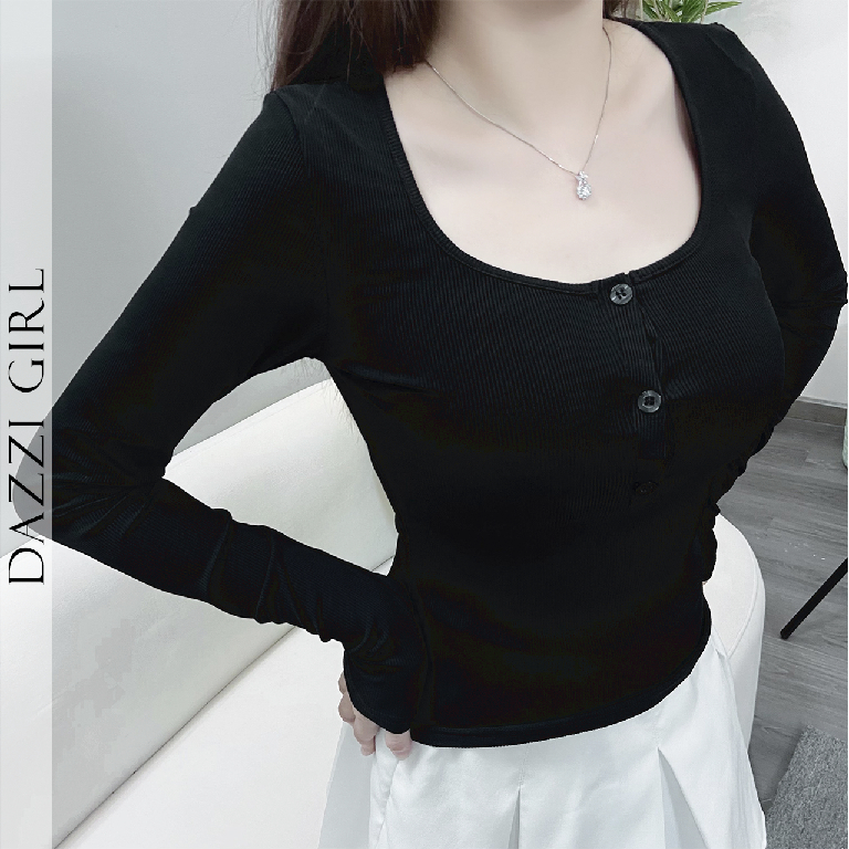 Áo thun tay dài vải thun tăm DAZZI, Áo thun ôm body dài tay xẻ ngực,áo thun nữ trơn tay dài A05 | BigBuy360 - bigbuy360.vn