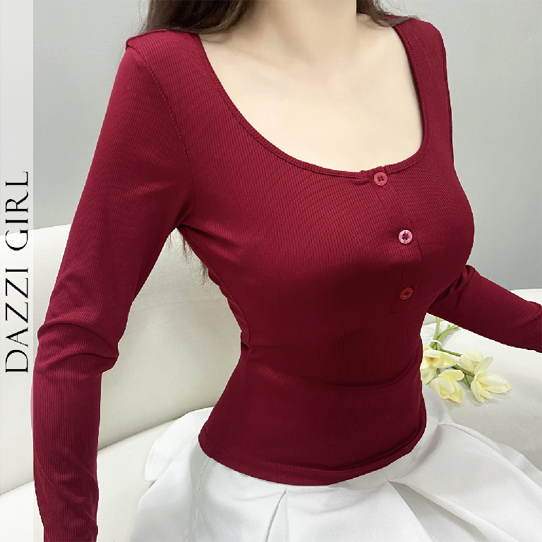 Áo thun tay dài vải thun tăm DAZZI, Áo thun ôm body dài tay xẻ ngực,áo thun nữ trơn tay dài A05 | BigBuy360 - bigbuy360.vn