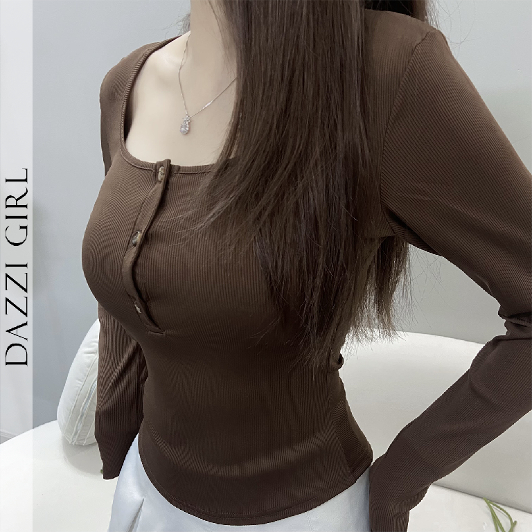 Áo thun tay dài vải thun tăm DAZZI, Áo thun ôm body dài tay xẻ ngực,áo thun nữ trơn tay dài A05 | BigBuy360 - bigbuy360.vn