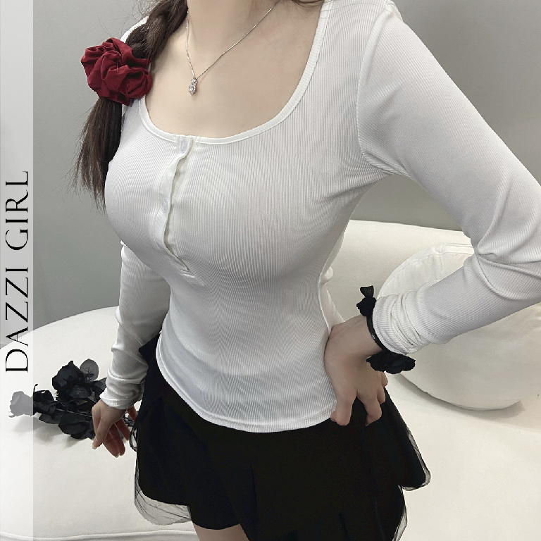 Áo thun tay dài vải thun tăm DAZZI, Áo thun ôm body dài tay xẻ ngực,áo thun nữ trơn tay dài A05 | BigBuy360 - bigbuy360.vn