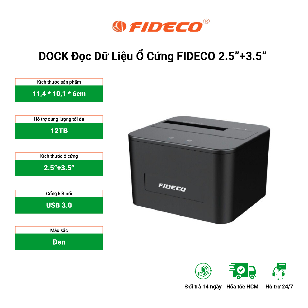 DOCK Đọc Dữ Liệu Ổ Cứng FIDECO 2.5"+3.5" - Hỗ Trợ Đọc Lên Đến 16GB