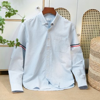 Áo sơ mi kẻ sọc xanh phối viền tay BY SEOUL vải OXFORD cao cấp dày dặn, form regular | dài tay cổ bẻ