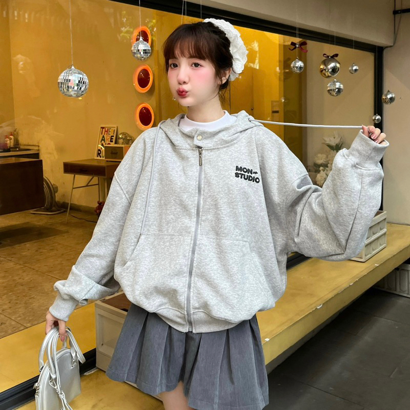 Áo khoác hoodie zip nút bấm - Áo khoác nỉ BOXY MON dập nổi, in nổi ,có túi trong UNISEX NAM NỮ | BigBuy360 - bigbuy360.vn