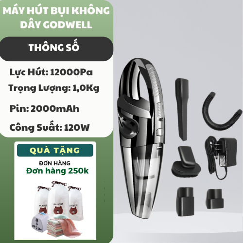 Máy Hút Bụi Mini Cầm Tay GODWELL, Máy Hút Bụi Không Dây Công Suất Lớn, Hút Bụi Ô Tô, Giường Tiện Lợi