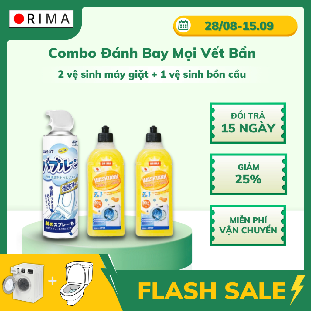 [Combo] 2 Chai Vệ Sinh Máy Giặt, Lồng Giặt ORIMA & 1 Xịt Vệ Sinh Bồn Cầu đánh bay vết ố vàng hương chanh ORIMA