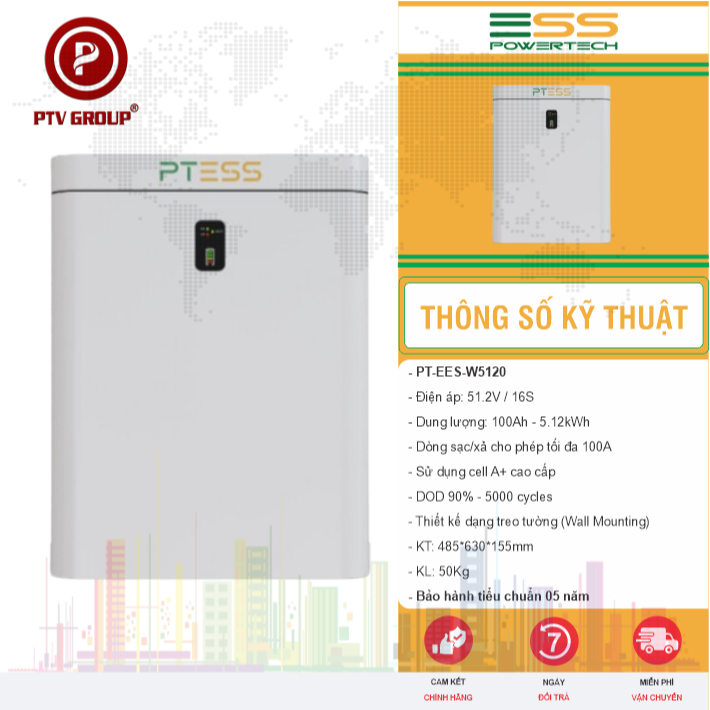 Thiết Bị Lưu Trữ I Pin PT-EES-W5120 51.2V100AH 5Kwh | PTV GROUP | Bảo Hành 5 Năm