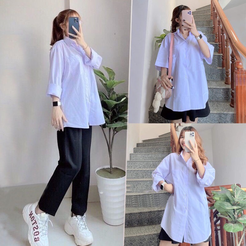 Áo sơ mi trắng nữ tay dài form rộng vừa cổ trụ bẻ có túi không túi mặc đi học làm ngắn vải kate M45