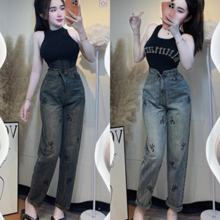 Quần Jeans Baggy Thêu Nơ Cạp Cao , Dáng Lỡ Chất Demin - Kèm ảnh thật shop chụp