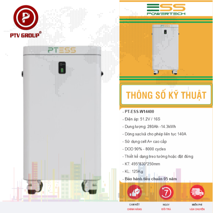 Thiết Bị Lưu Trữ I Pin PT-ESS-W14400 51.2V280AH 14.4Kwh | PTV GROUP | Bảo Hành 5 Năm
