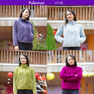 Áo khoác lông cừu  nữ FALUMAR không có mũ, cổ đứng dáng thụng, Chất lông 2 mặt mền mịn, Local brand chính hãng