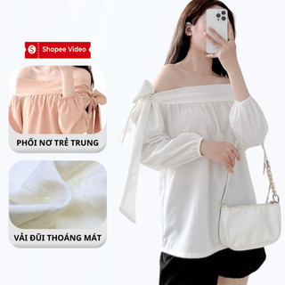  Áo Trễ Vai Babydoll Bánh Bèo Thắt Nơ Madela Vải Đũi Hàn Siêu Đẹp Áo Kiểu Nữ Hở Kiểu Bánh Bèo Điệu Đà 