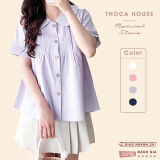 Áo kiểu babydoll cổ sen xếp ly nút màu gỗ THOCA HOUSE trẻ trung, xinh xắn dễ thương