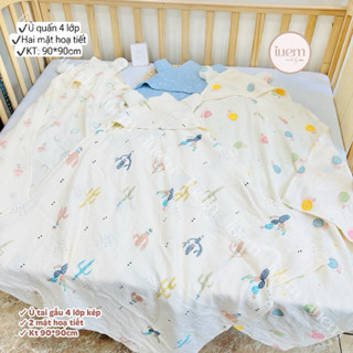 iuem SIZE TO Ủ quấn tai gấu 4 lớp có mũ size to 90*90cm, ủ hè mềm mát cho bé, kết hợp làm khăn tắm và áo choàng cho bé