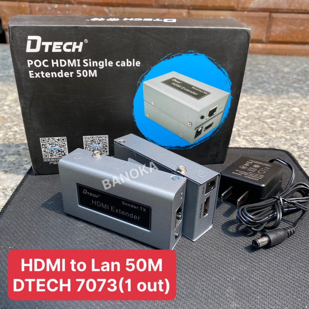 Bộ Chuyển Đổi HDMI Sang LAN 50M DTECH Model 7073- HDMI to Lan 50M có 1 cổng Out DTECH chính hãng.