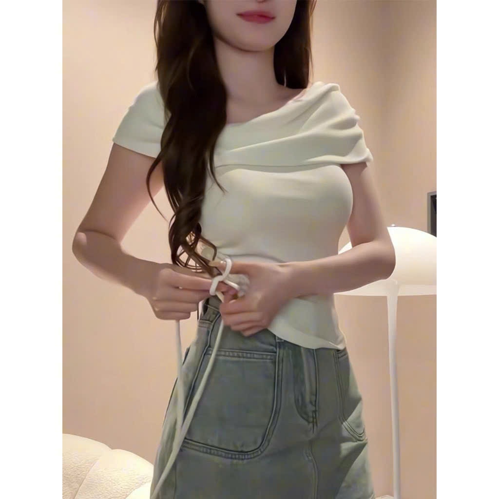 Áo Trễ Vai Croptop Phối Dây Rút Eo Ôm Body Chất Cotton Bozip QC Dầy Dặn Co Giãn Mềm Mịn Mát MA857 | BigBuy360 - bigbuy360.vn